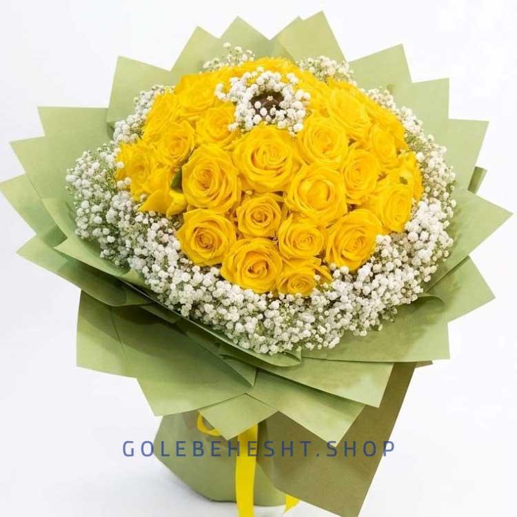 دسته گل 35شاخه رز زرد طبیعی